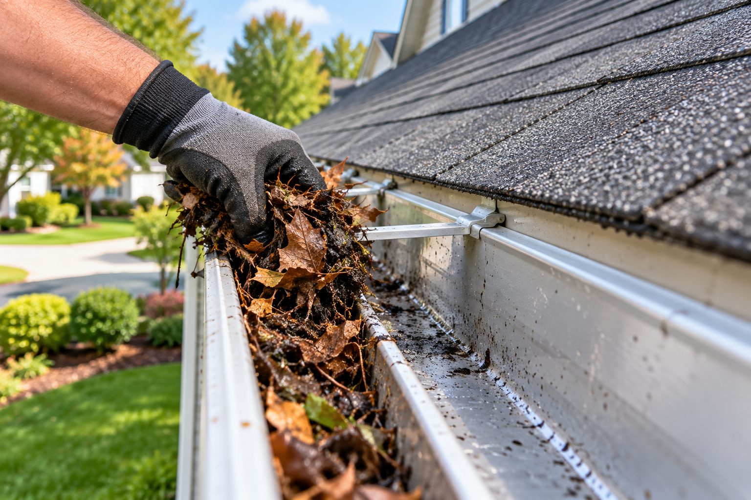 Hand-cleaning a gutter packed with debris in West Palm Beach