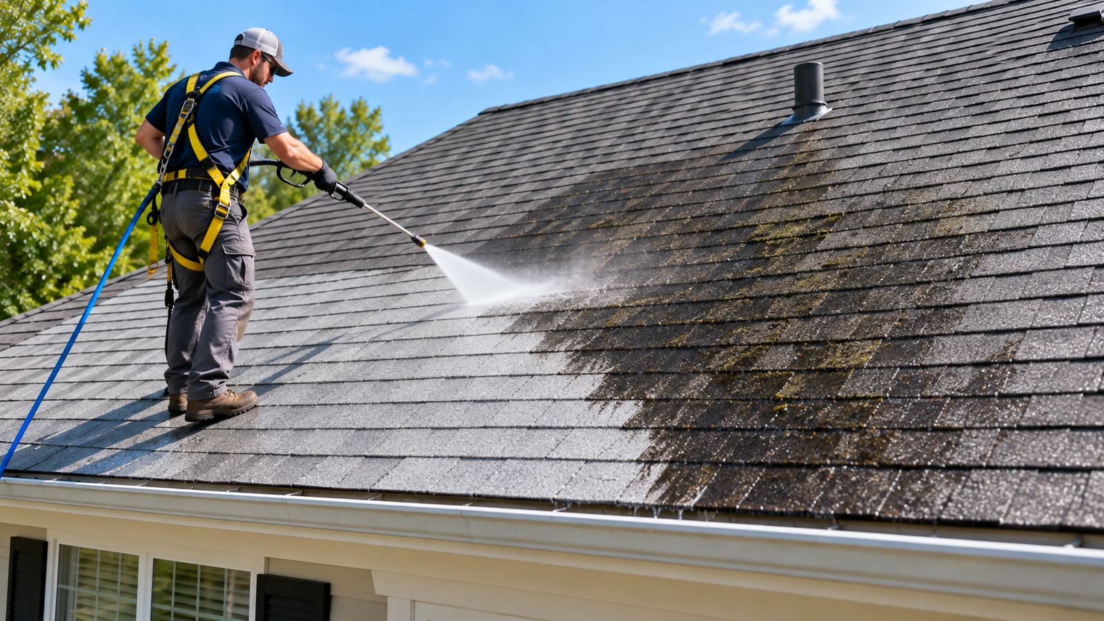 Roof cleaning removing dark algae streaks from a West Palm Beach roof